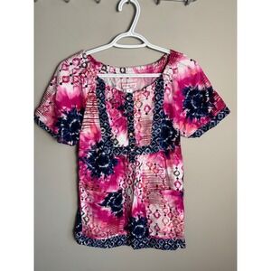 Koi Womens Pink Tie Dye Scrub Top S Boho Medical Nursing Uniform